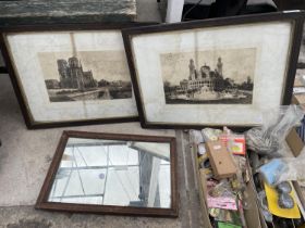 TWO FRAMED PRINTS AND A FRAMED MIRROR