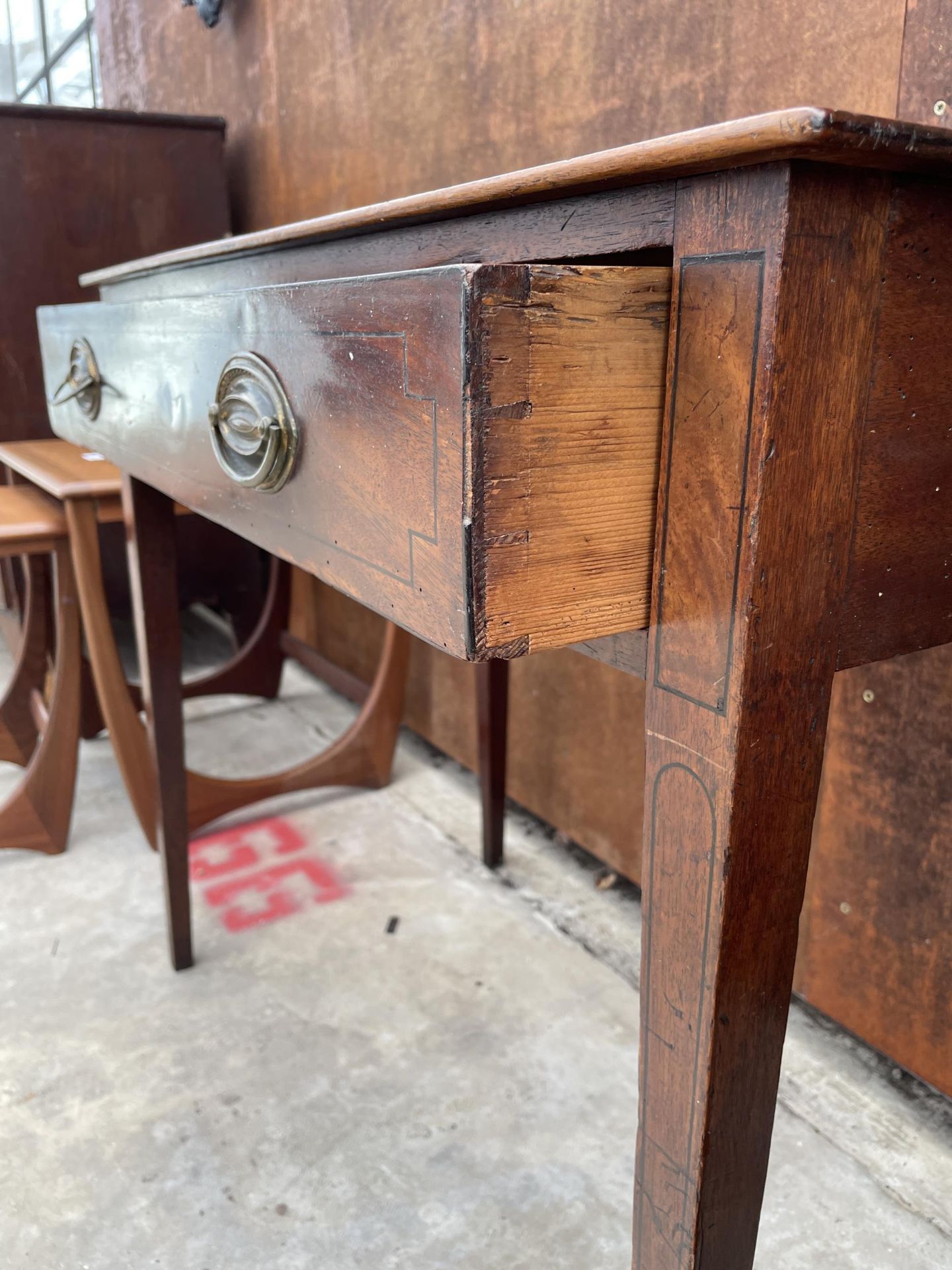 A 19TH CENTURY MAHOGANY AND INLAID SIDE-TABLE WITH SINGLE DRAWER AND LATER TOP, 33" WIDE, ON - Image 3 of 5