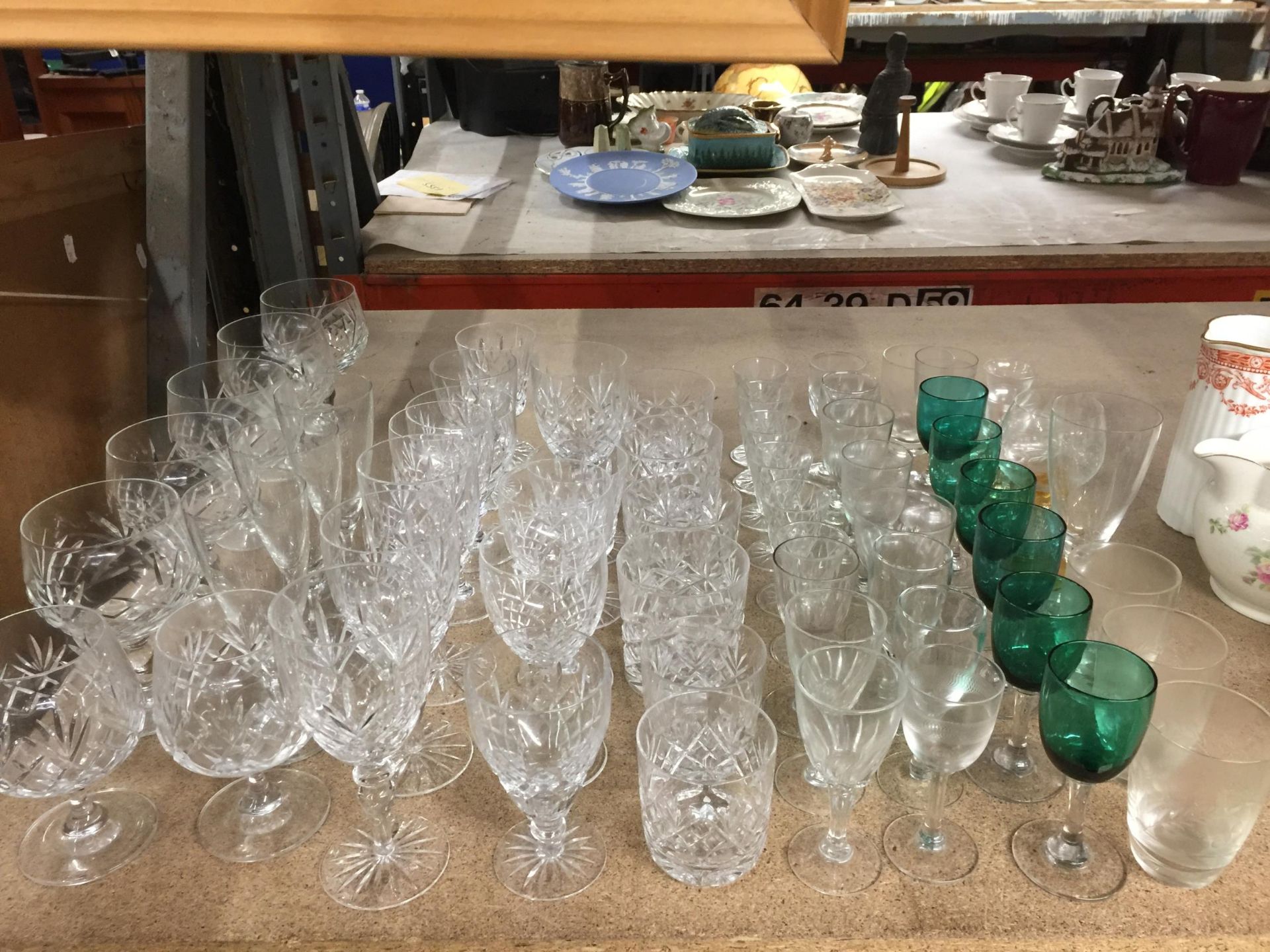 A COLLECTION OF CUT GLASS DRINKING GLASSES, GREEN GOBLETS ETC - Image 2 of 3