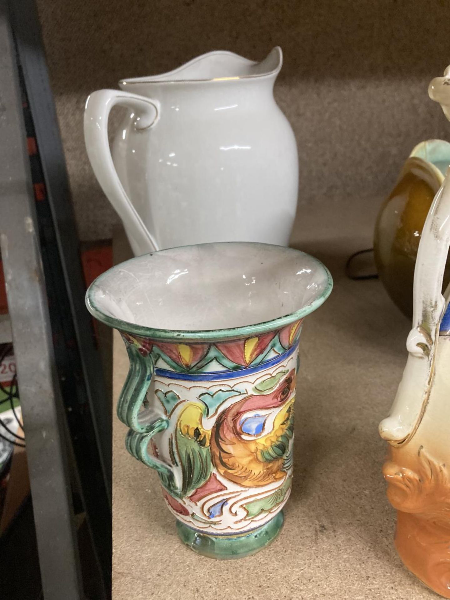 A QUANTITY OF CERAMIC PLANTERS, JUGS AND VASES TO INCLUDE A VICTORIAN TWIN HANDLED FRUIT DESIGN VASE - Image 3 of 4