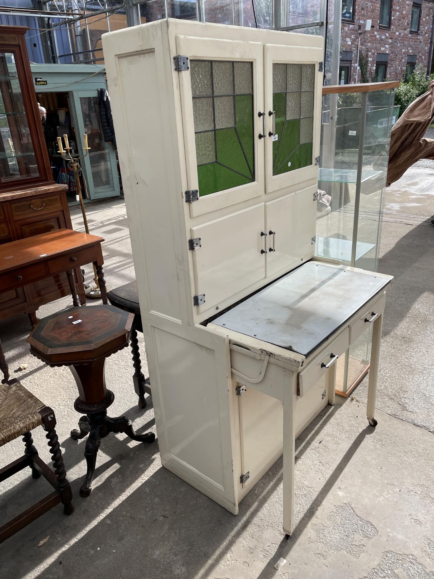 A 1950'S METALWARE KITCHEN CABINET WITH PULL-OUT ENAMEL WORK SURFACE, ON LEGS WITH CASTERS, WITH - Image 3 of 5