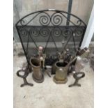 AN ASSORTMENT OF FIRESIDE ITEMS TO INCLUDE A FIRE SCREEN, COMPANION SETS AND A PAIR OF FIRE DOGS ETC