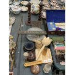 A LARGE MIXED LOT TO INCLUDE MAHOGANY BARLEY TWIST CANDLESTICKS, A VINTAGE STAMP, A WOODEN MORTAR