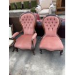 VICTORIAN MAHOGANY LADIES AND GENTLEMAN'S LOUNGE CHAIRS, ON FRONT CABRIOLE LEGS, WITH SCROLL ARMS