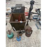 AN ASSORTMENT OF ITEMS TO INCLUDE A JERRY CAN AND A VINTAGE BLOW TORCH ETC