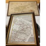 A VINTAGE FRAMED MAP OF CYPRUS AND A FRAMED PRINT OF 1842 TITHE MAP OF BOLLIN FEE EAST