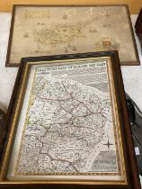 A VINTAGE FRAMED MAP OF CYPRUS AND A FRAMED PRINT OF 1842 TITHE MAP OF BOLLIN FEE EAST