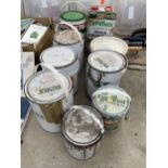 AN ASSORTMENT OF TINS OF PAINT, STAINS AND BRIWAX ETC