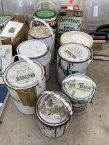 AN ASSORTMENT OF TINS OF PAINT, STAINS AND BRIWAX ETC