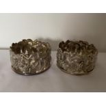 A PAIR OF PORTUGUESE TOPAZIO CASQUINHA ORNATE SILVER PLATED WINE COASTERS, T CROWN MARK AND DATE