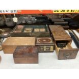 A COLLECTION OF VINTAGE BOXES TO INCLUDE A CASH TILL - A/F, A TEA CADDY, LARGE WORK BOX PLUS TWO