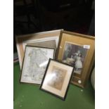 TWO SMALL FRAMED VINTAGE MAPS, WARWICKSHIRE AND LINCOLNSHIRE, A FRAMED VICTORIAN PRINTS OF YOUNG