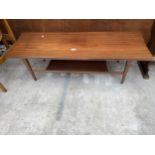 A RETRO TEAK TWO TIER COFFEE TABLE WITH INVERTED BOW ENDS, 48 X 16"