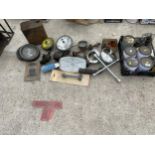 AN ASSORTMENT OF ITEMS TO INCLUDE VEHICLE SPARES, AN OIL CAN AND TINS OF PAINT ETC