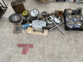 AN ASSORTMENT OF ITEMS TO INCLUDE VEHICLE SPARES, AN OIL CAN AND TINS OF PAINT ETC