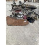 AN ASSORTMENT OF VEHICLE SPARES TO INCLUDE TWIN SU CARBURETORS, GUARDS AND PUMPS ETC
