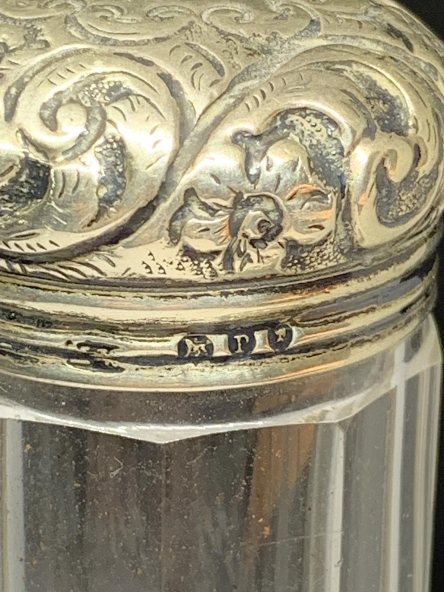 TWO VINTAGE GLASS JARS WITH HALLmaRKED SILVER TOPS ONE BIRMINGHAM AND ONE LONDON - Image 2 of 3