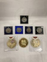 THREE LARGE WINDSOR MINT 70MM COMMEMORATIVE MEDALLIONS PLUS FIVE CASED CROWNS