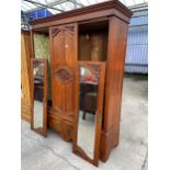 A VICTORIAN SATINWOOD DOUBLE MIRROR-DOOR WARDROBE WITH TWO DRAWERS TO THE BASE, 67" WIDE