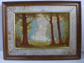 HAROLD C. HARVEY (BRITISH 20TH CENTURY) MAN IN A WOODLAND SCENE, OIL ON BOARD, SIGNED LOWER RIGHT,