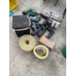 AN ASSORTMENT OF ITEMS TO INCLUDE SAND PAPER AND BATTERY DRILLS ETC