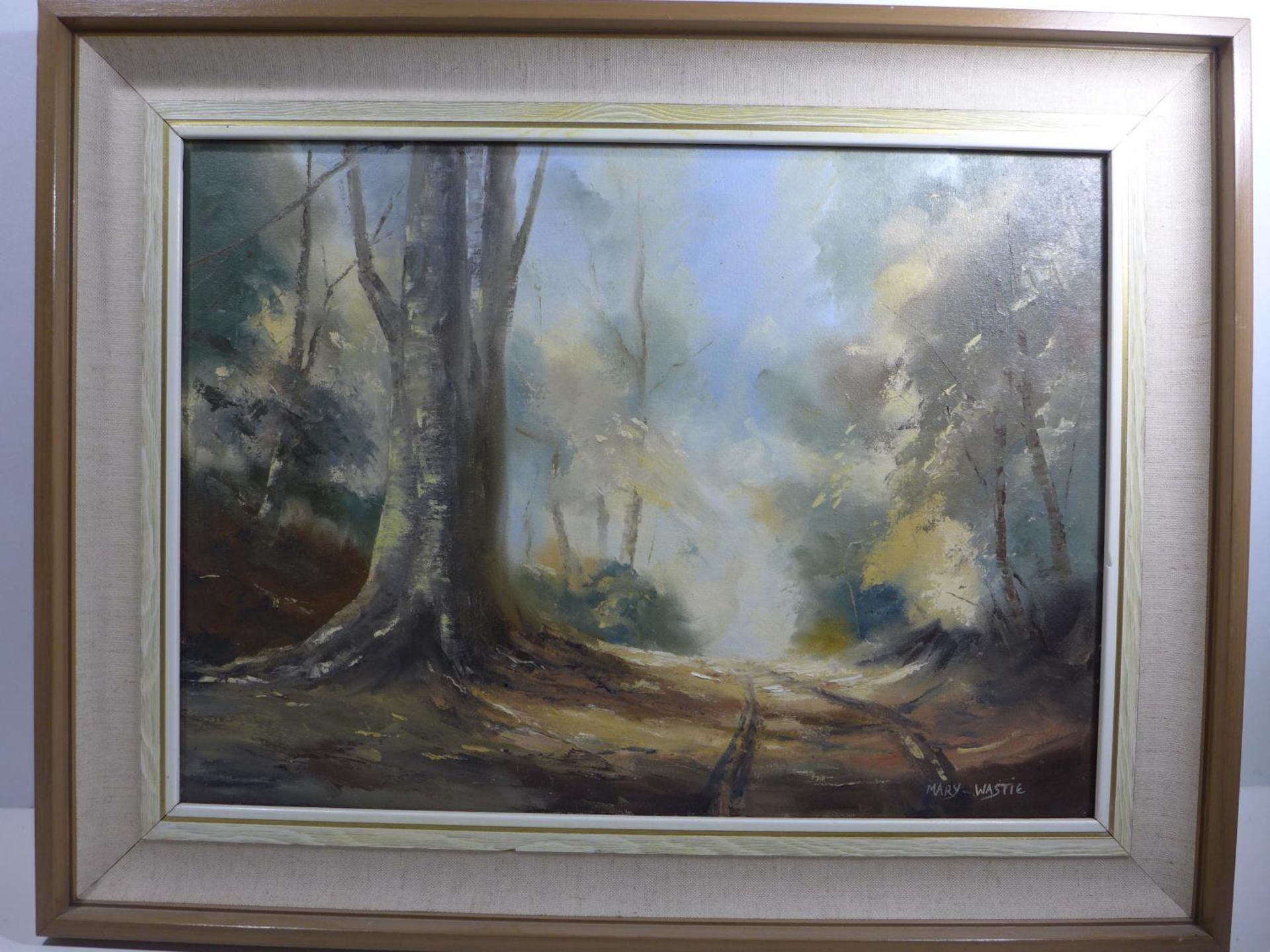 A MARY WASTIE (BRITISH/CORNISH BORN 1935) 'WOODLAND WALK', OIL ON CANVAS, SIGNED LOWER RIGHT, 40 X
