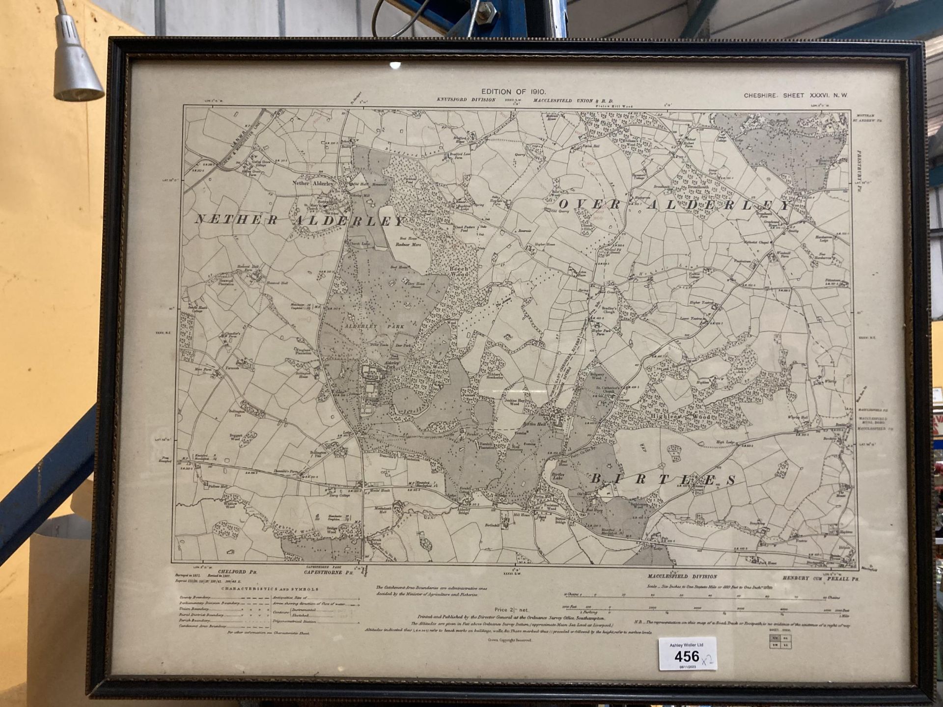 TWO FRAMED PRINTS OF ORNANCE SURVEY MAPS, NETHER ALDERLEY, OVER ALDERLEY, CHELFORD, BIRTLES, ETC - Image 2 of 3