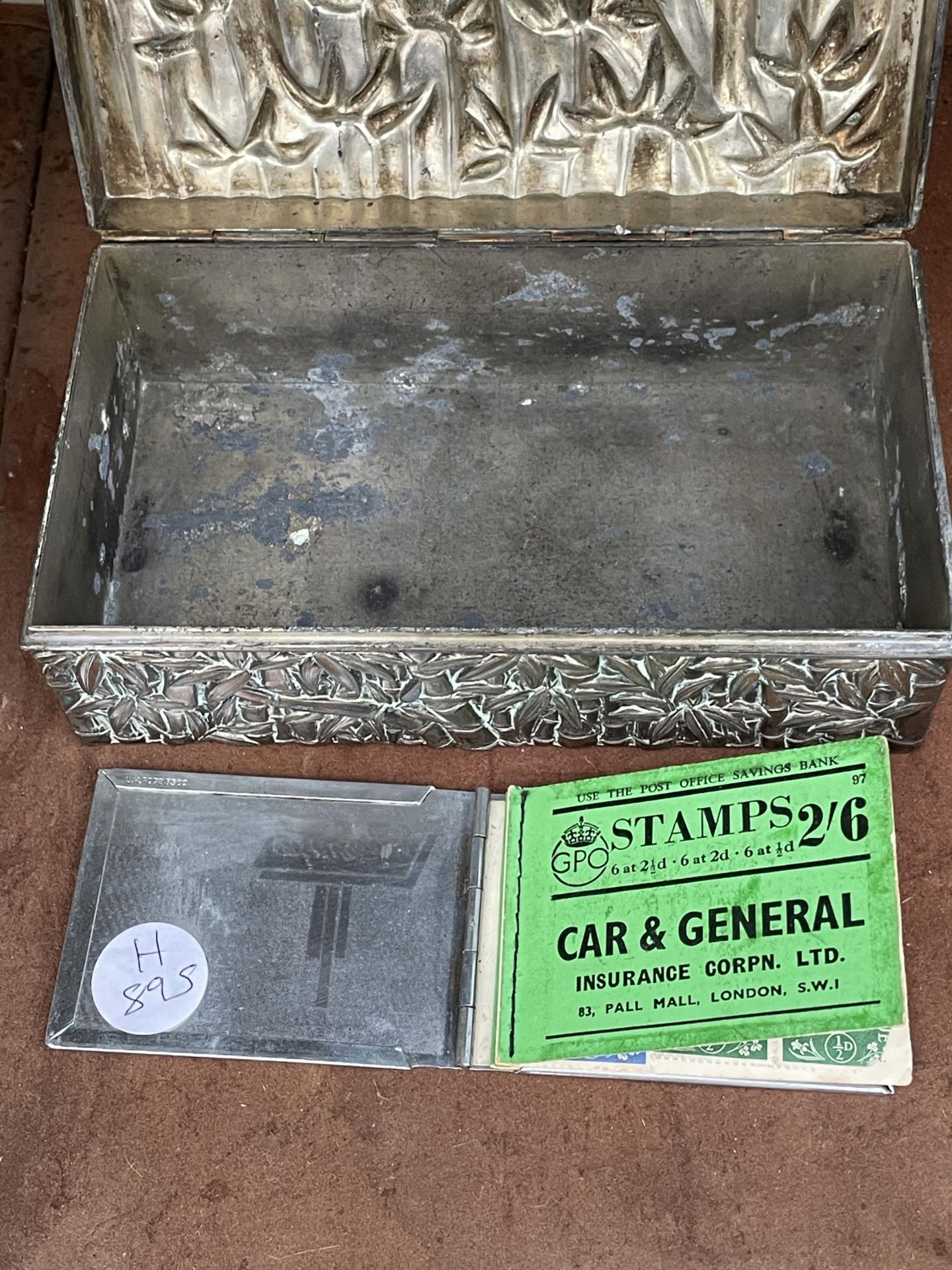 A VINTAGE SILVER PLATED LIDDED BOX AND A STAMP BOOK - Image 5 of 5