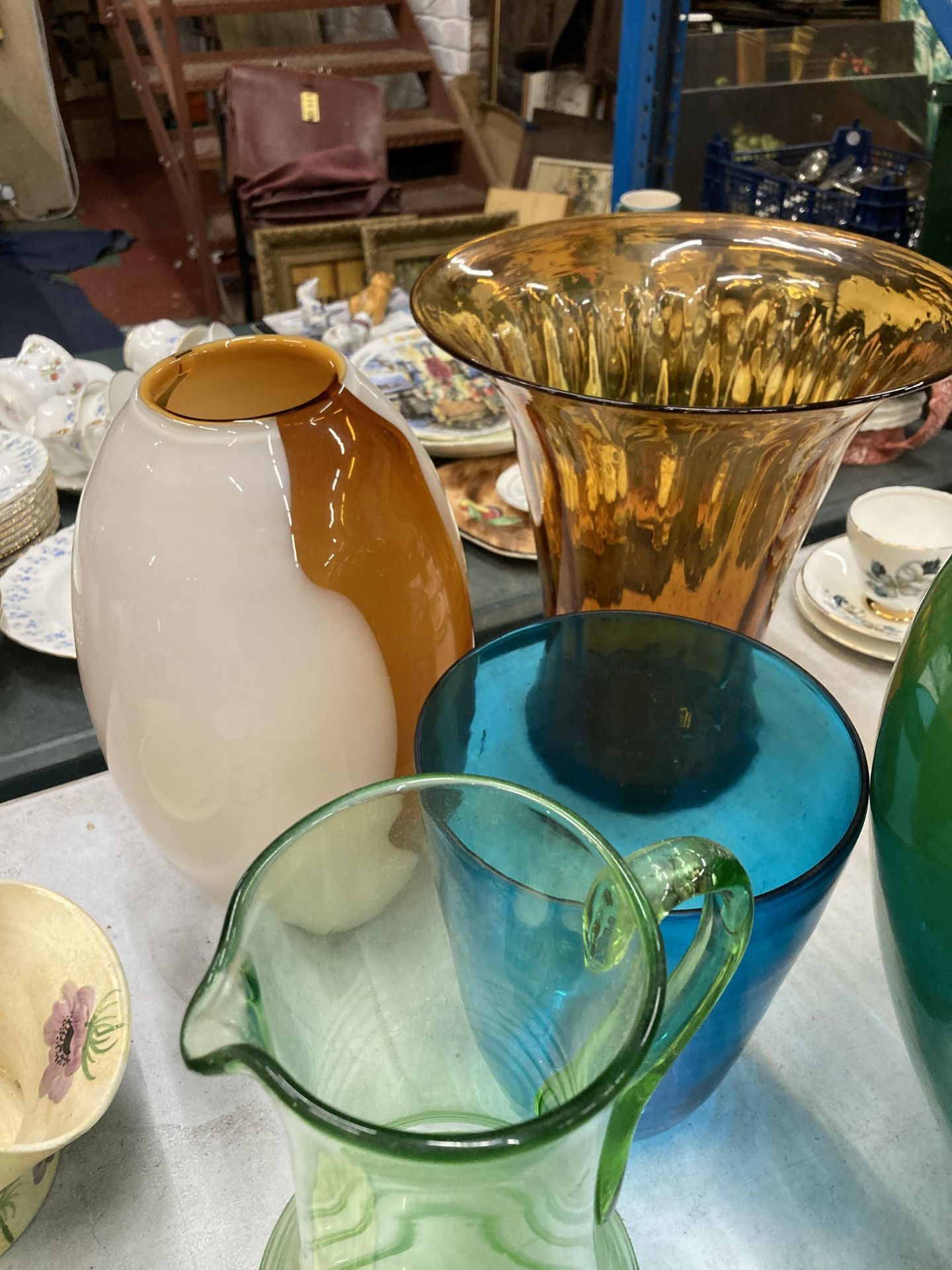 A QUANTITY OF LARGE CERAMIC AND GLASS VASES, TO INCLUDE STUDIO GLASS, PLUS TWO LARGE GLASS JUGS - - Image 2 of 4