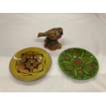 TWO POOLE POTTERY PIN TRAYS, DIAMETER 12.5CM PLUS A MODEL OF A ROBIN - SMALL CHIP TO THE BEAK