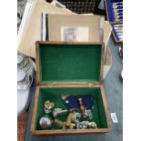 A VINTAGE INLAID BOX CONTAINING VINTAGE ITEMS, CORKSCREWS ETC TOGETHER WITH LOOSE PRINTS AND