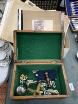 A VINTAGE INLAID BOX CONTAINING VINTAGE ITEMS, CORKSCREWS ETC TOGETHER WITH LOOSE PRINTS AND