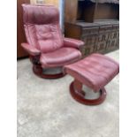 A STRESSLESS STYLE REVOLVING RECLINER AND MATCHING STOOL