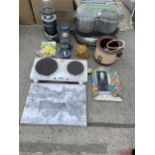 AN ASSORTMENT OF ITEMS TO INCLUDE A NUTRIBULLET, AN ELECTRIC HOB AND A MONEY BOX ETC