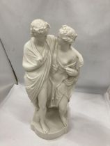 A LARGE CERAMIC WHITE MODEL OF TWO CLASSICAL FIGURES, HEIGHT APPROX 47CM