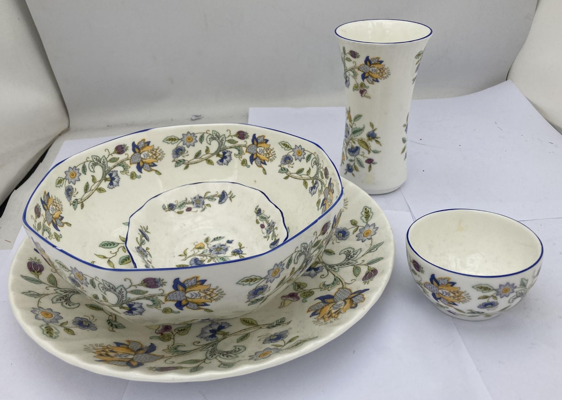 A GROUP OF MINTON HADDON HALL BLUE ITEMS - FRUIT BOWL ETC