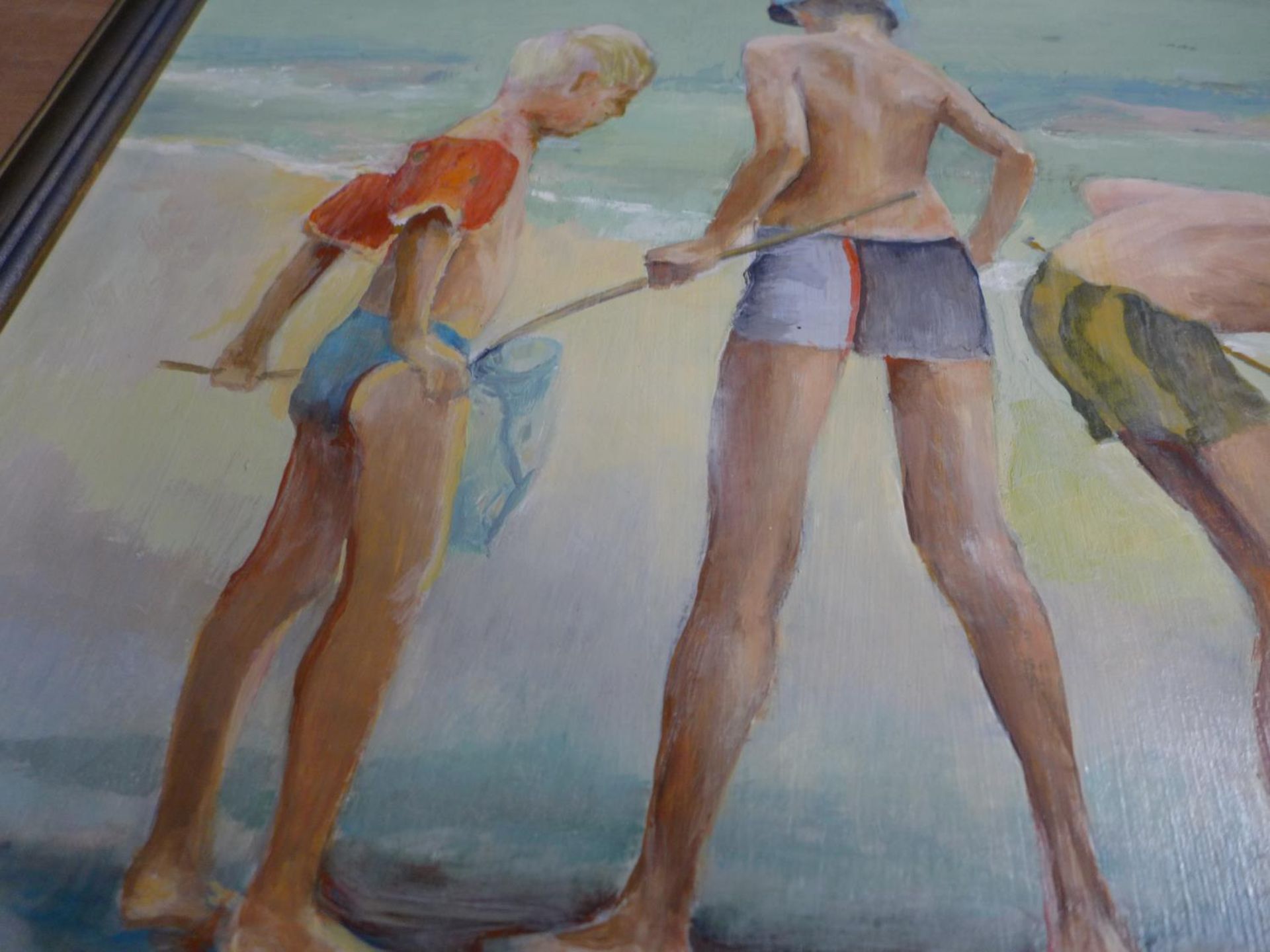LEN THURSTON (BRITISH 1934-2015) ON THE BEACH PORTO COLOM, OIL ON PANEL, SIGNED LOWER RIGHT, TITLE - Bild 3 aus 4