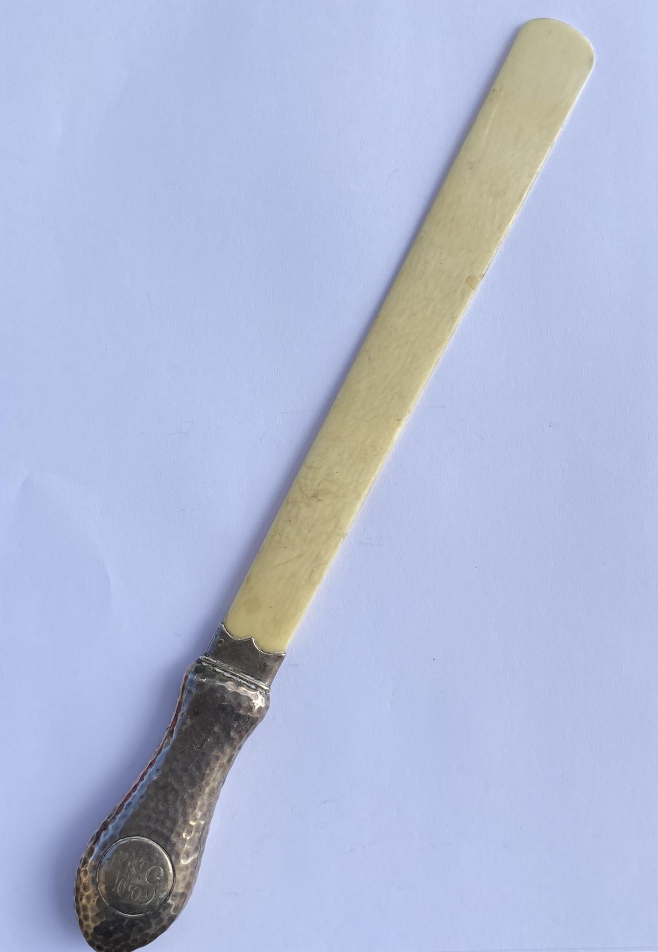 AN ANTIQUE HALLMARKED SILVER AND BONE LETTER OPENER, LENGTH 30 CM