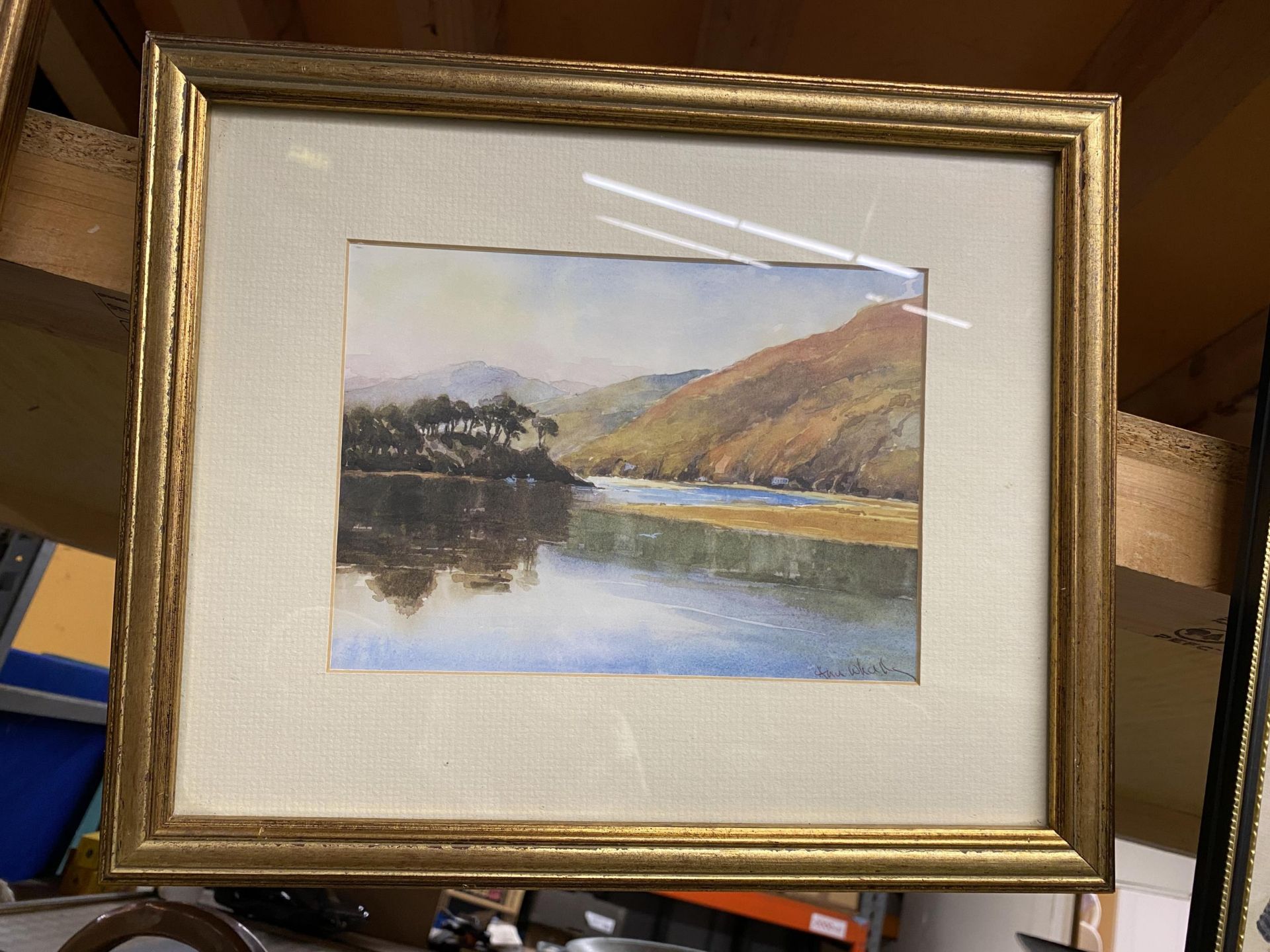 TWO GILT FRAMED WATERCOLOURS OF HILLSIDE AND LAKE SCENES, SIGNED WHALLEY - Image 3 of 4