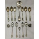 A COLLECTION OF HALLMARKED SILVER WARES TO INCLUDE VICTORIAN SCOOP, TEAPSOONS, THIMBLES ETC 100