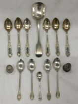 A COLLECTION OF HALLMARKED SILVER WARES TO INCLUDE VICTORIAN SCOOP, TEAPSOONS, THIMBLES ETC 100