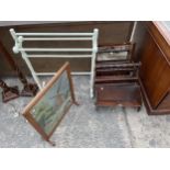 A BEECH BOOK TROUGH, SPANISH STYLE MAGAZINE RACK, MAHOGANY FRAMED MIRROR, PAINTED FIVE BAR TOWEL