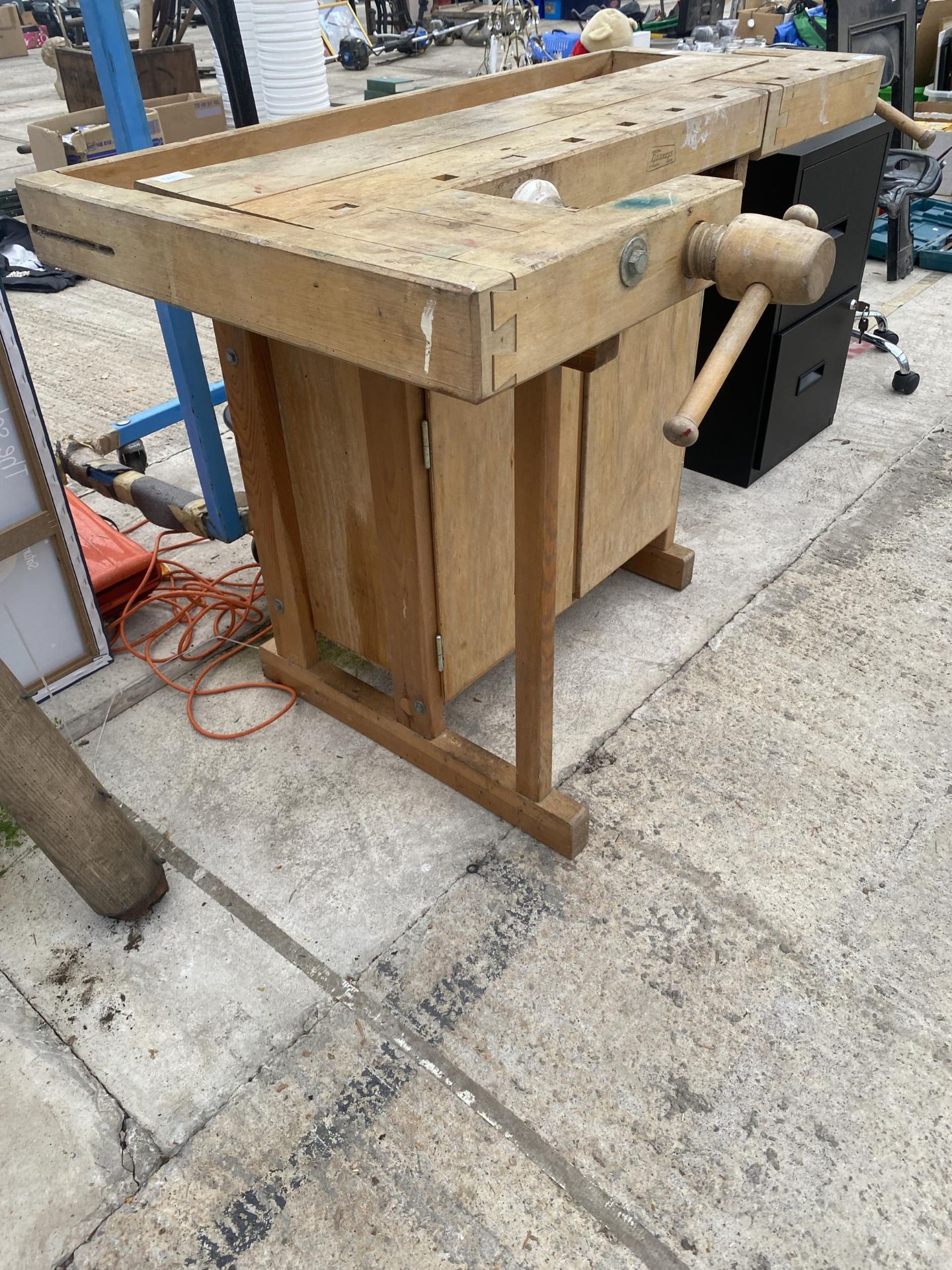 A SMALL WOODEN RJONERGS WORK BENCH WITH TWO LOWER CUPBOARDS AND TWO VICES - Image 3 of 5