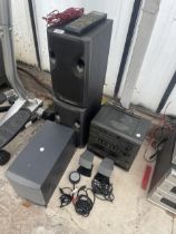 AN ASSORTMENT OF STEREO EQUIPMENT TO INCLUDE VARIOUS SPEAKERS ETC