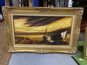 A LARGE ORNATE GOLD FRAMED OIL PAINTING 'SHIP ON SHORE' SIGNED HAWKES, 40 X 24"
