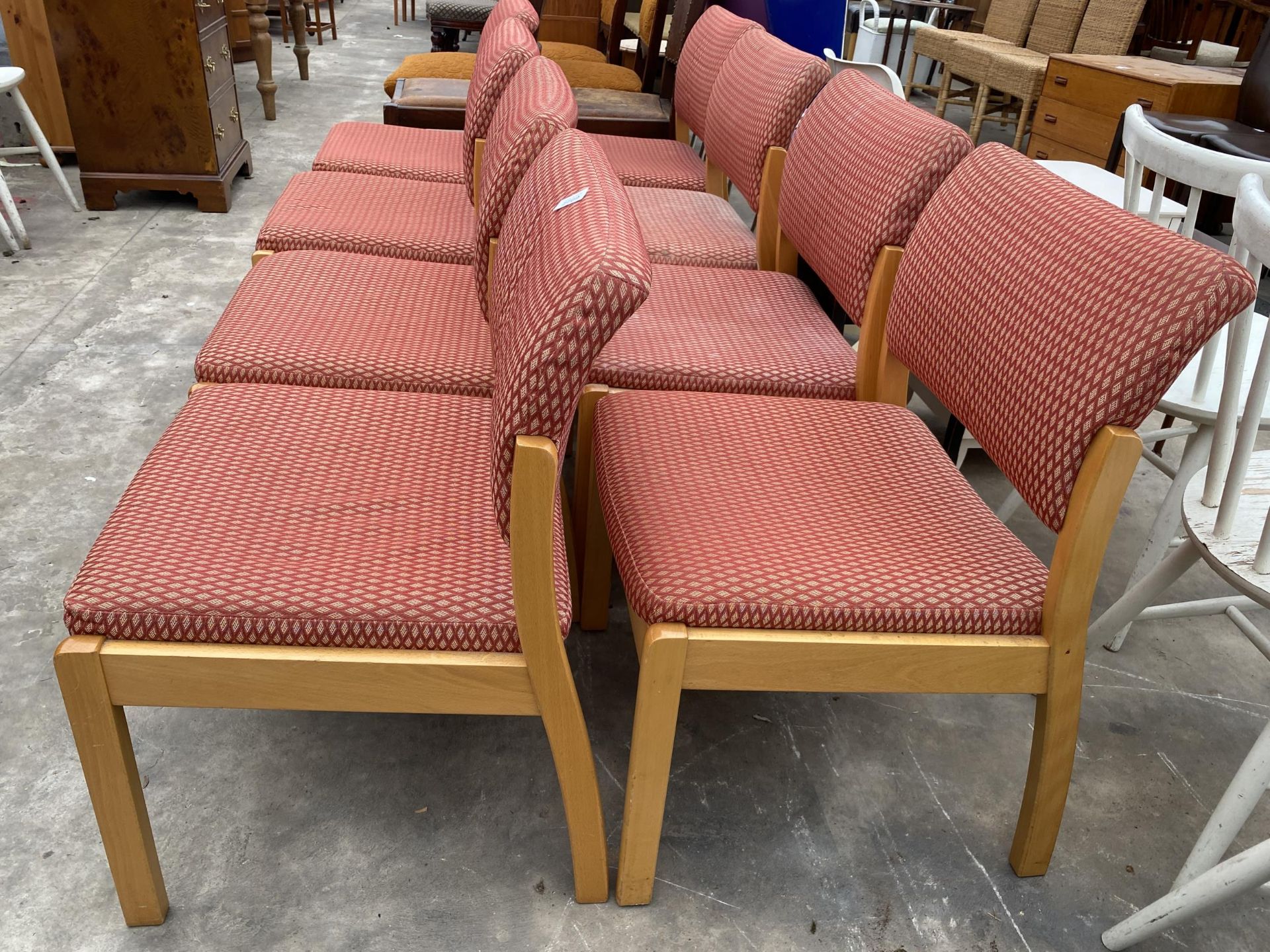 A SET OF EIGHT MODERN WOODEN FRAMED AND UPHOLSTERED FUNCTION CHAIRS - Image 3 of 3