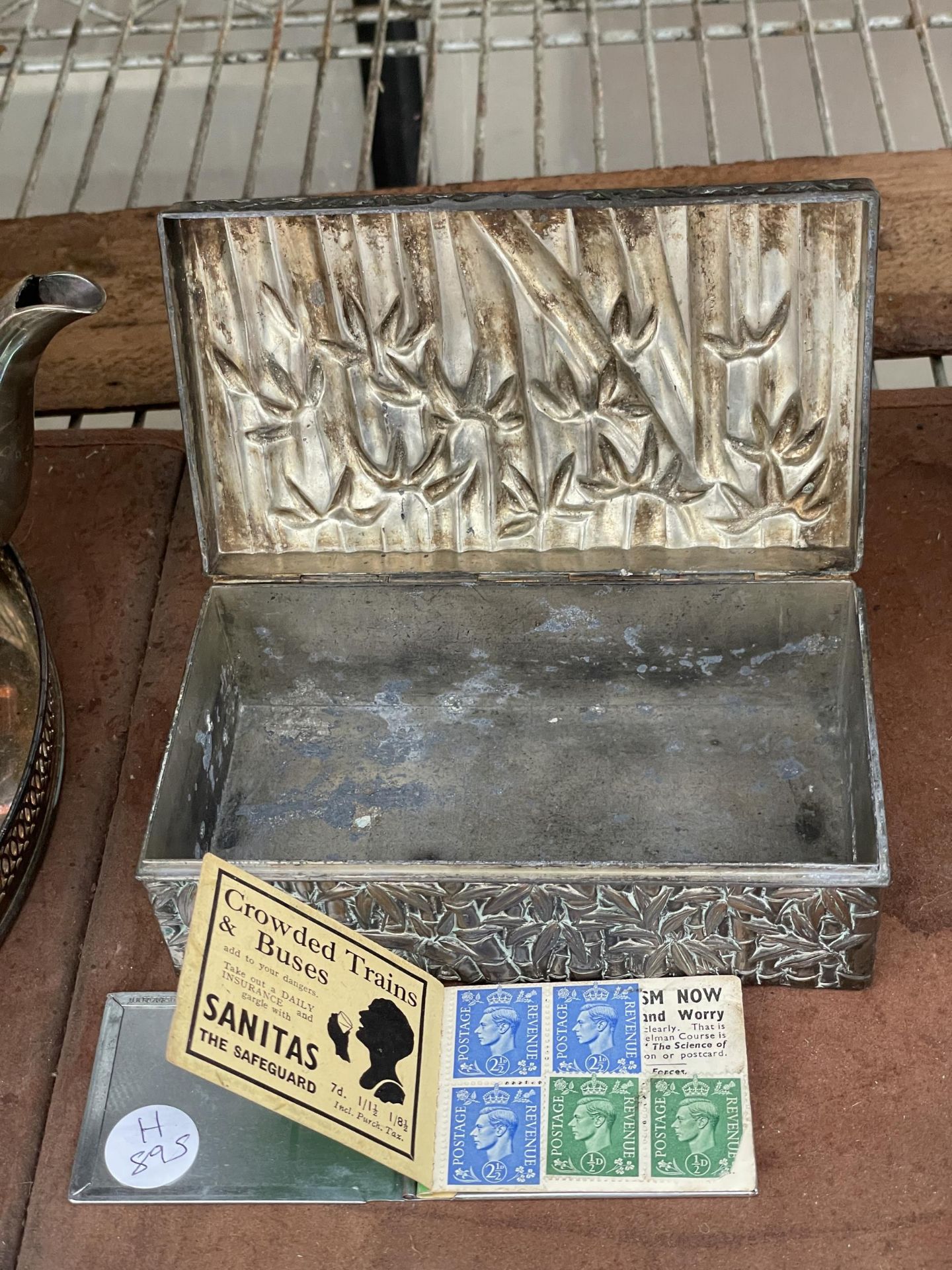 A VINTAGE SILVER PLATED LIDDED BOX AND A STAMP BOOK - Image 2 of 5