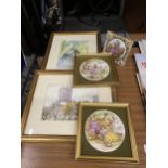 FIVE ITEMS - PAIR OF FRAMED WATERCOLOURS AND THREE CERAMIC TILES IN FRAMES