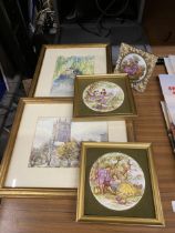 FIVE ITEMS - PAIR OF FRAMED WATERCOLOURS AND THREE CERAMIC TILES IN FRAMES
