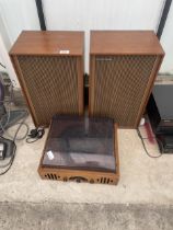 A PORTABLE RECORD PLAYER AND A PAIR OF TEAK MUSITAPES SPEAKERS